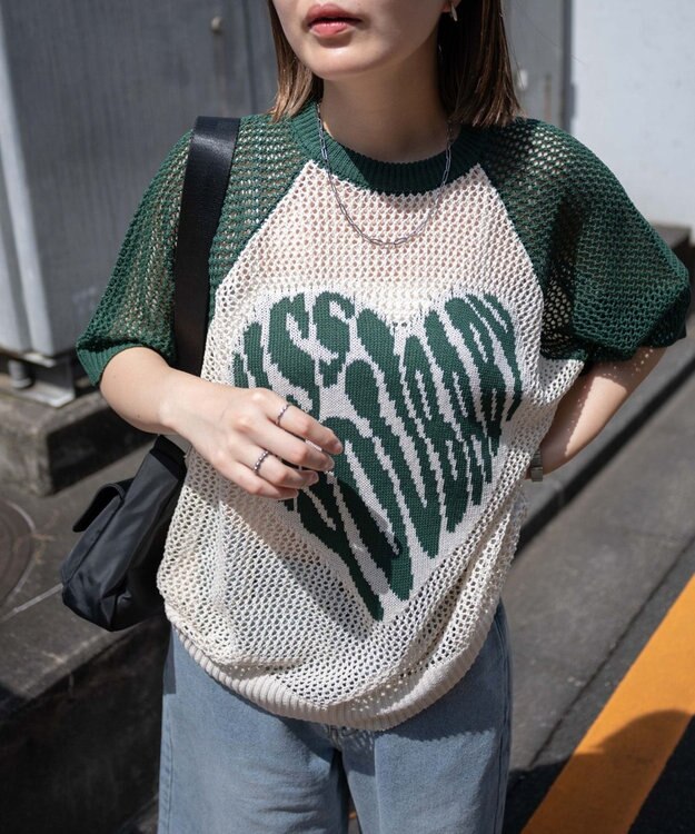 WEGO ハートロゴビッグメッシュニットT ダークグリーン