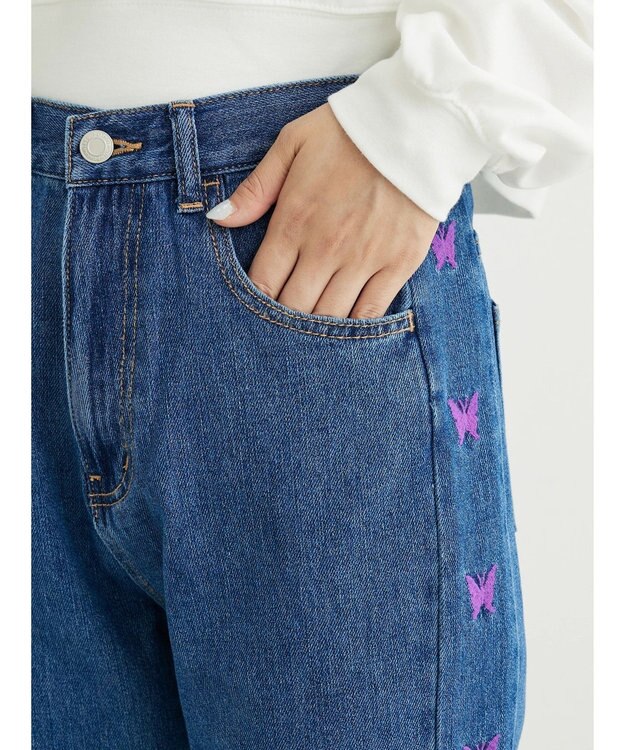 Green Parks ・Ｄｏｕｂｌｅ　Ｆｌａｇｓ　チョウチョ刺繍フレアデニム Light Indigo