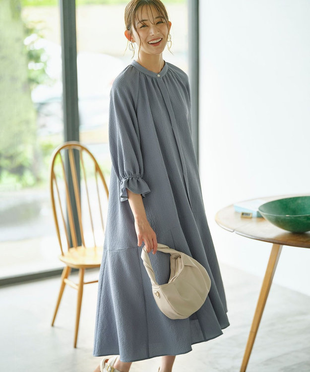 組曲 【WEB限定】クレープストレッチ シャツワンピース ダスティブルー系