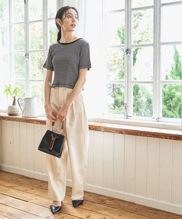 WEGO 【洗える/SML】コンパクトリブT ブラックボーダー