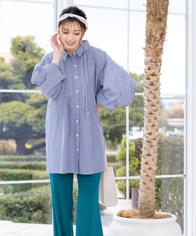 Tiaclasse 【洗える】パフ袖シャツチュニックブラウス ネイビーストライプ