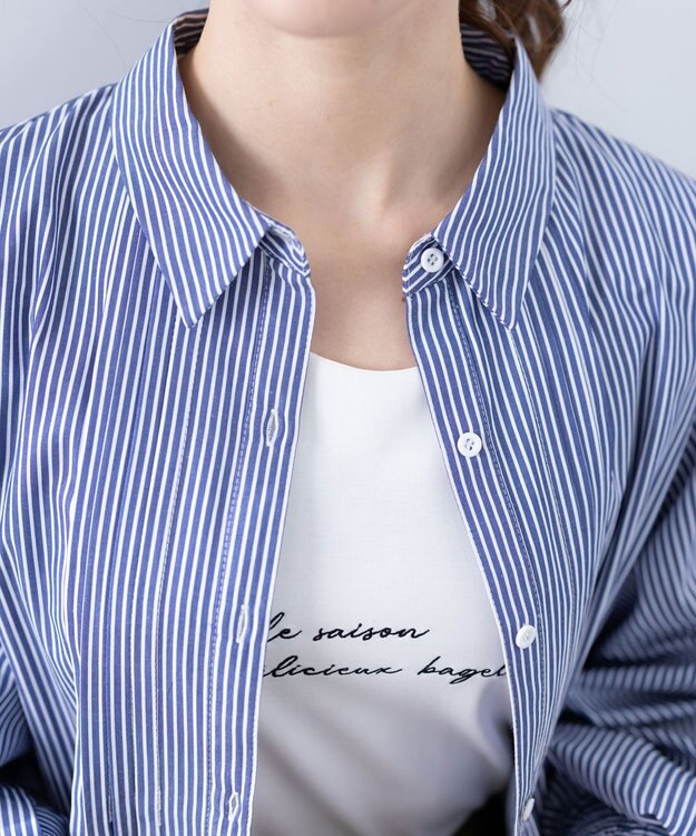 Tiaclasse 【洗える】パフ袖シャツチュニックブラウス ネイビーストライプ