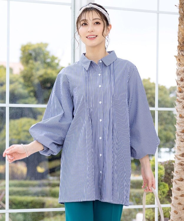 Tiaclasse 【洗える】パフ袖シャツチュニックブラウス ネイビーストライプ