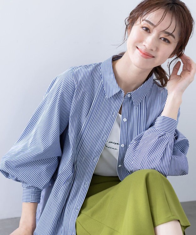 Tiaclasse 【洗える】パフ袖シャツチュニックブラウス ネイビーストライプ