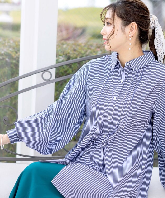 Tiaclasse 【洗える】パフ袖シャツチュニックブラウス ネイビーストライプ