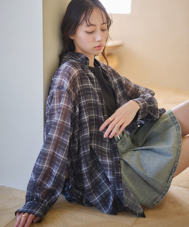 earth music&ecology シアーチェックシャツ Black