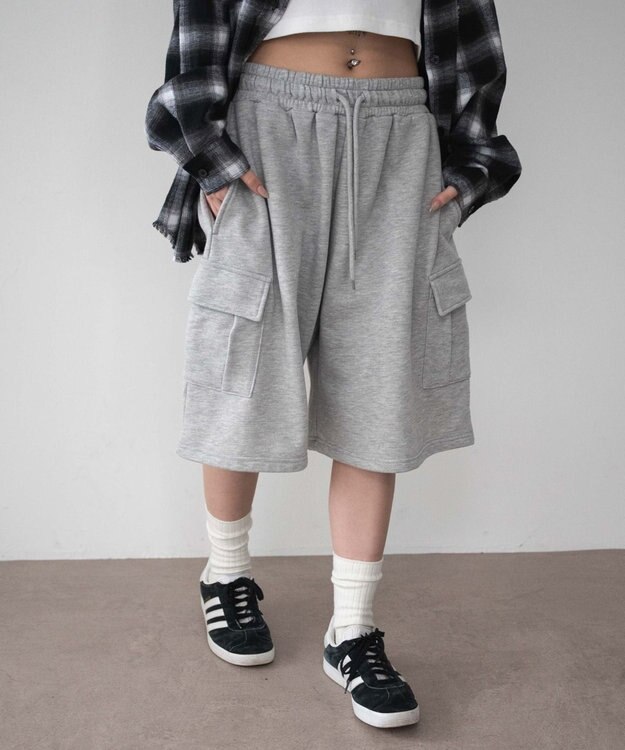 WEGO 【ウエストゴム】スウェットカーゴハーフパンツ 杢グレー