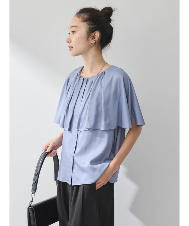 earth music&ecology ケープカラーブラウス Grayish Blue