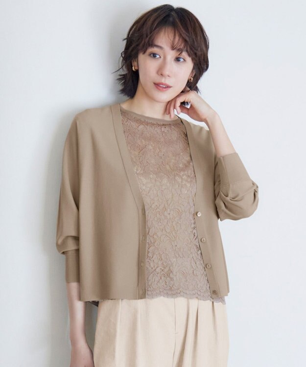 自由区 【洗える】クレープストレッチレースコンビ ニット シナモン