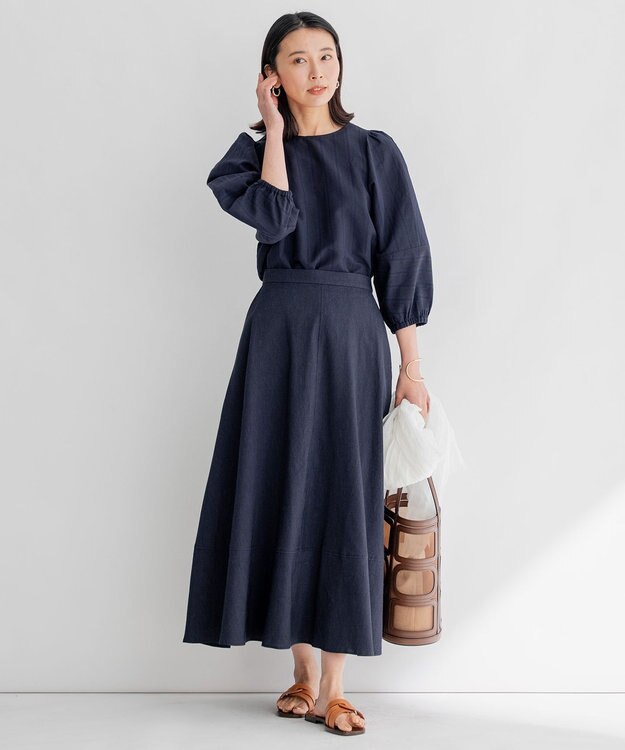 23区 【セットアップ対応】リネンレーヨンストレッチ フレア スカート ネイビー系