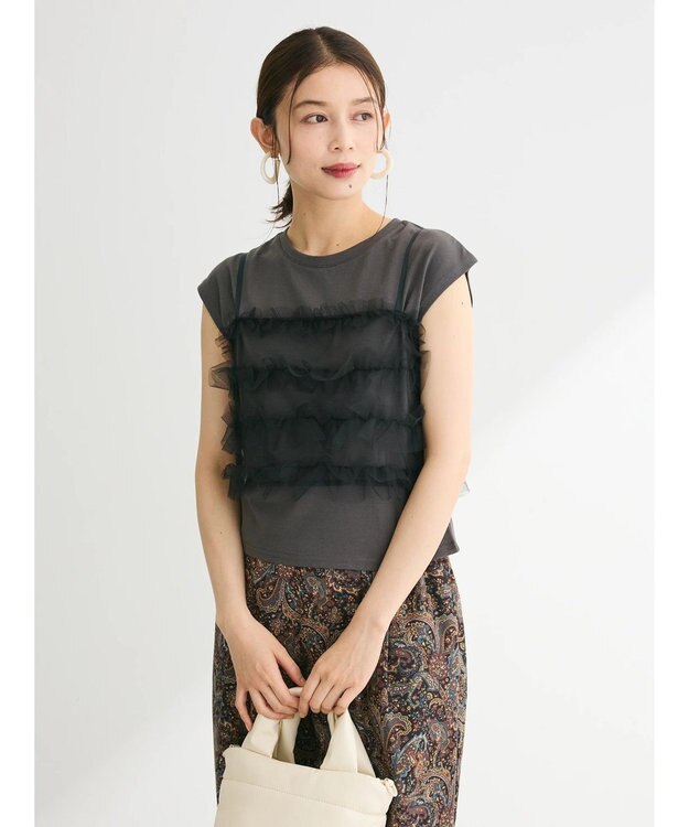 Green Parks ・ｓｗｉｎｇ　ｂｙ　ＳＥＴ２点チュールビスチェ＆フレンチＴ Charcoal Gray