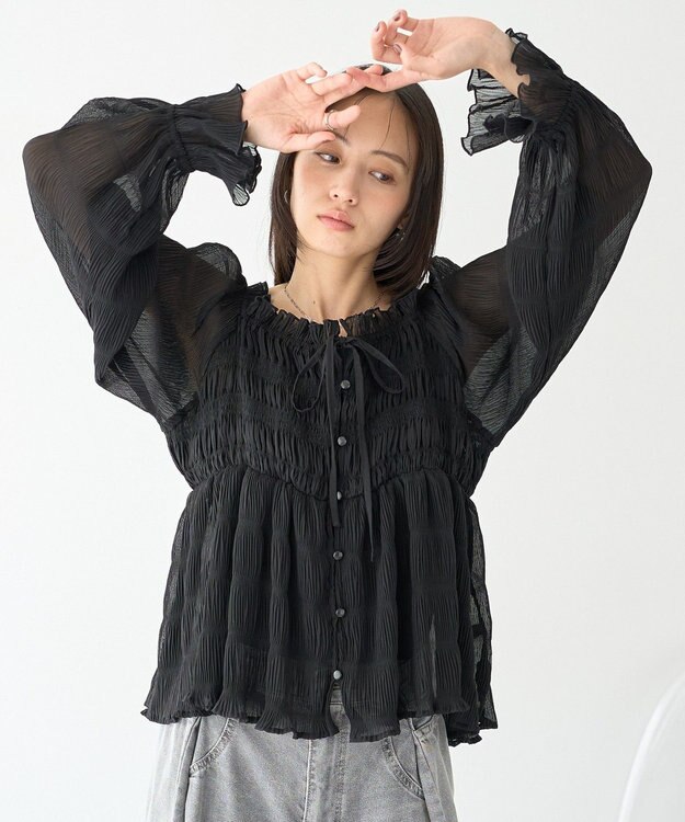 earth music&ecology シャーリングフリルオフショルブラウス Black