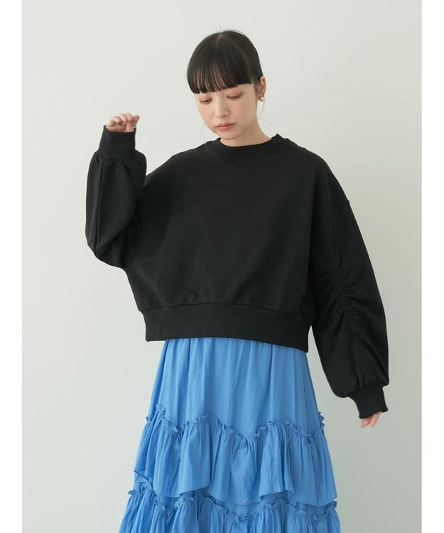 earth music&ecology クルーネック袖シャーリングスウェット Black