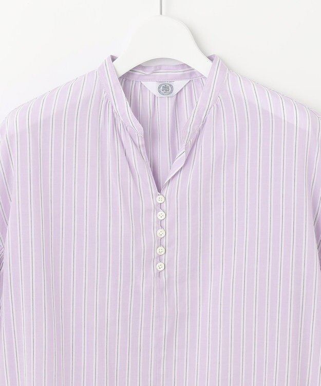 J.PRESS LADIES 【洗える】綿キュプラコードストライプ キーネック ブラウス ふじ色系1