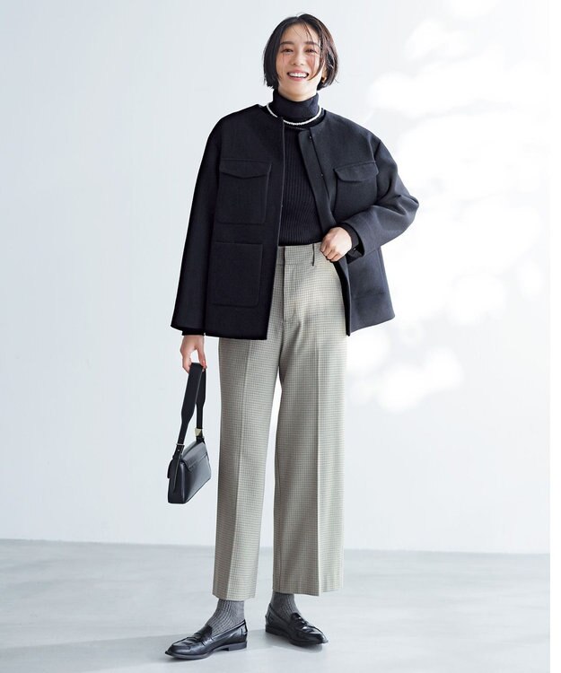 UNFILO ウールブレンド ノーカラーコート ブラック