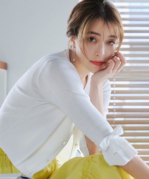 Tiaclasse L 【洗える】袖口フレアリボンニットカーディガン オフホワイト