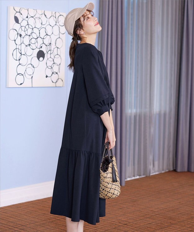 Tiaclasse L 【洗える】パフ袖ピンタックロングワンピース ネイビー