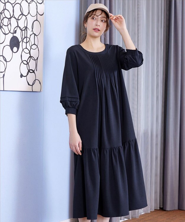 Tiaclasse L 【洗える】パフ袖ピンタックロングワンピース ネイビー