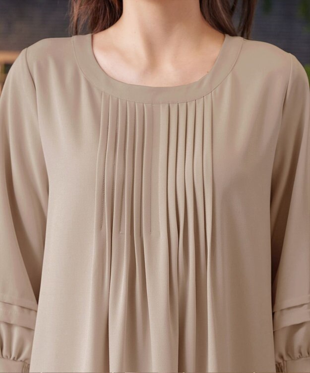 Tiaclasse L 【洗える】パフ袖ピンタックロングワンピース ライトベージュ