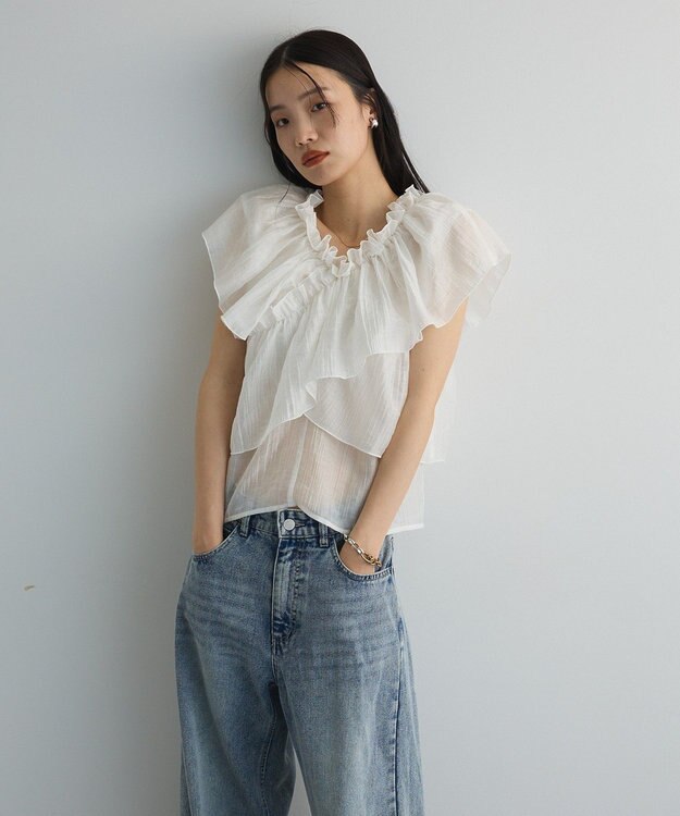 Green Parks マルチＷＡＹオフショルフリルブラウス Off White