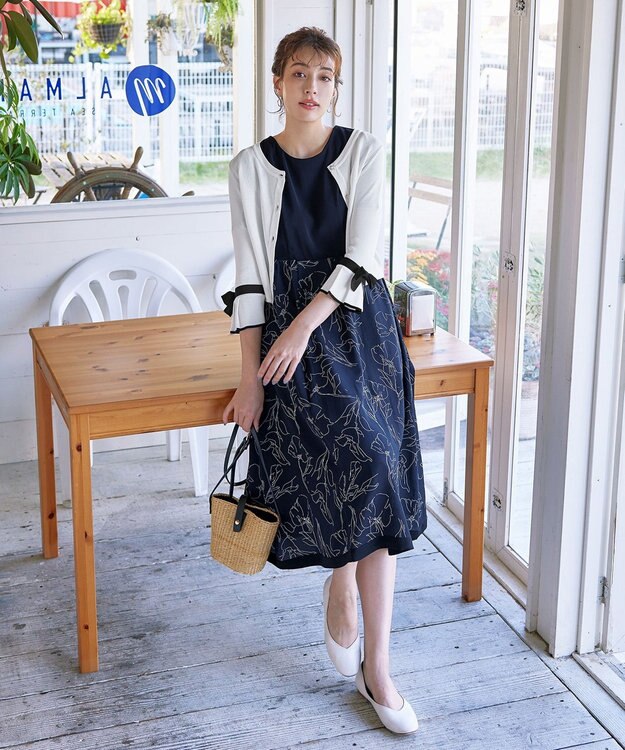 Tiaclasse L 【洗える】袖口フレアリボンニットカーディガン オフホワイト×ブラック