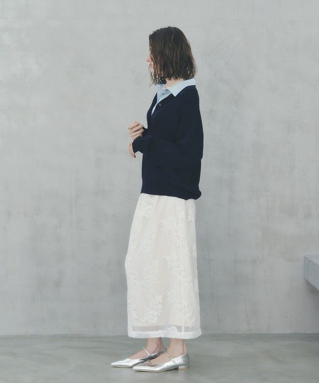 YECCA VECCA フラワー柄刺繍メッシュスカート Ivory