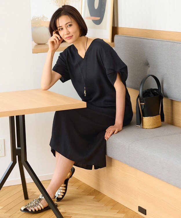 自由区 【洗える・XSサイズあり】テンセルリネンデニム ワンピース グレー系