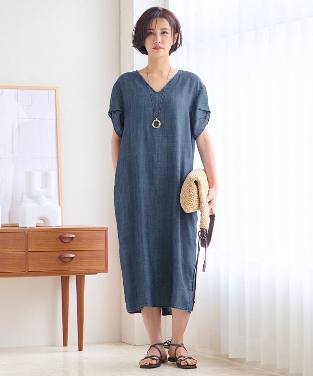 自由区 【洗える・XSサイズあり】テンセルリネンデニム ワンピース ネイビー系