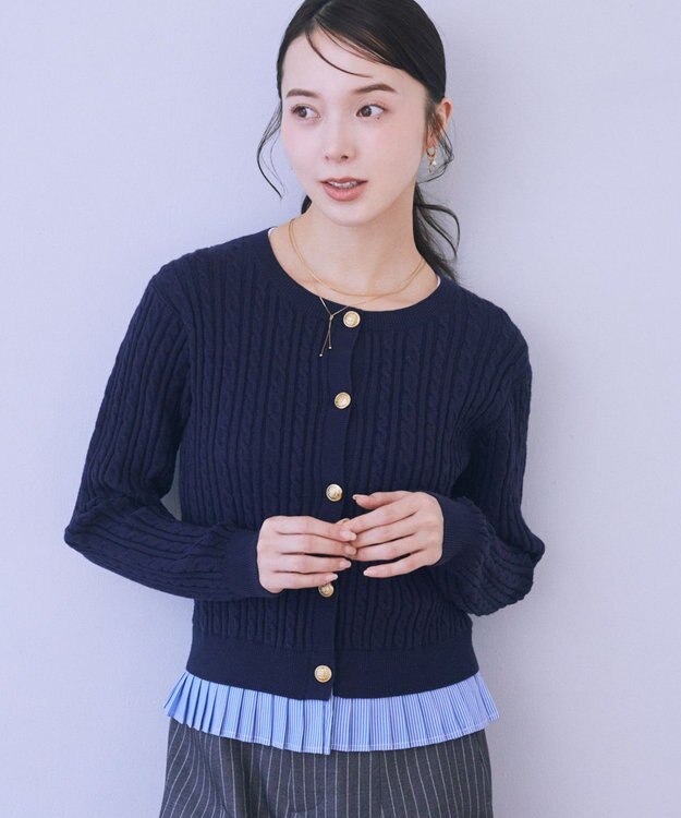 earth music&ecology 【予約】プリーツレイヤーケーブルニットカーディガン Navy