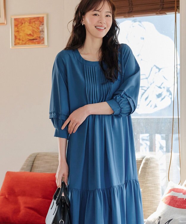 Tiaclasse L 【洗える】パフ袖ピンタックロングワンピース ブルー