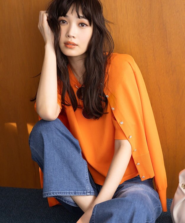 組曲 【UVケア・接触冷感】MINA 6分袖ニットプルオーバー オレンジ系