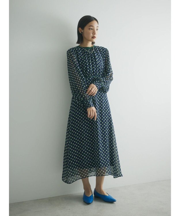 Green Parks armonia．ドットプリントパイピングワンピース Navy