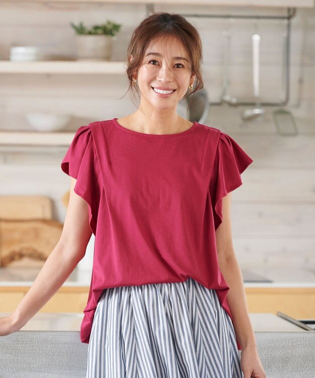 ANY 【接触冷感/UVケア/シワになりにくい】フレアスリーブ Tブラウス ローズ