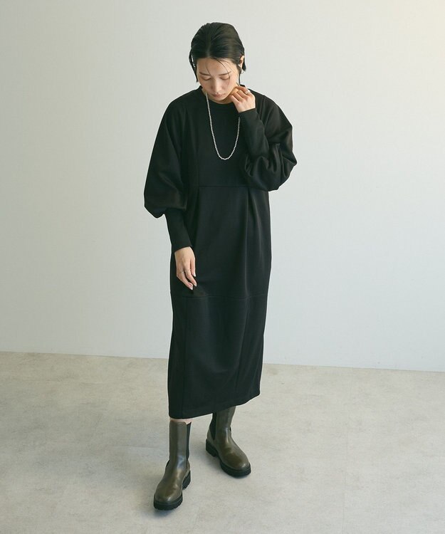 Green Parks ａ．ポンチ袖ボリュームワンピース Black