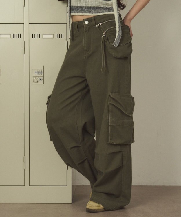 WEGO ポーチ付きウォッシュドカーゴパンツ カーキ