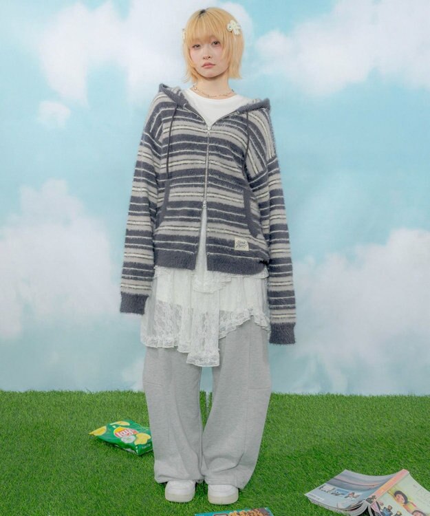 WEGO 【ユニセックス着用ITEM】シャギーボーダーニットパーカー ネイビー