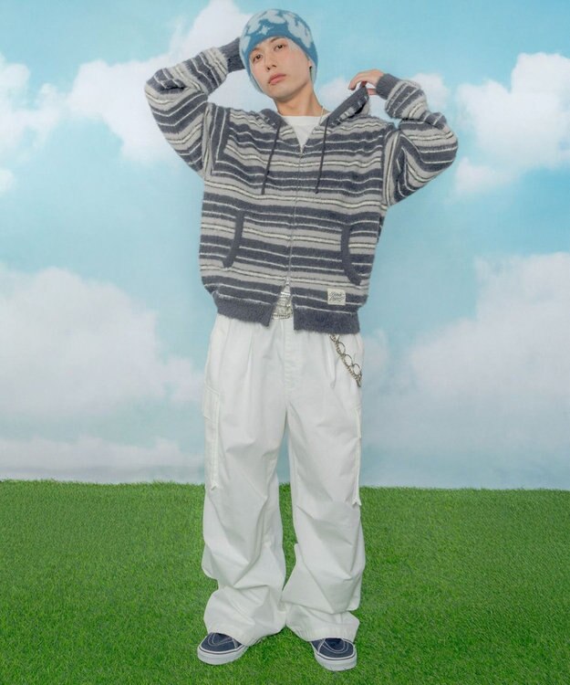 WEGO 【ユニセックス着用ITEM】シャギーボーダーニットパーカー ネイビー