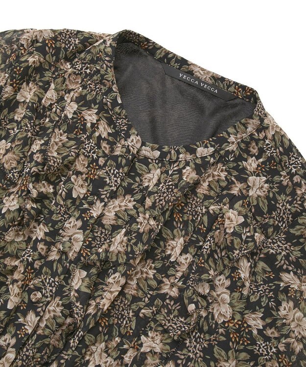 YECCA VECCA フラワー柄フリルプリーツワンピース Black