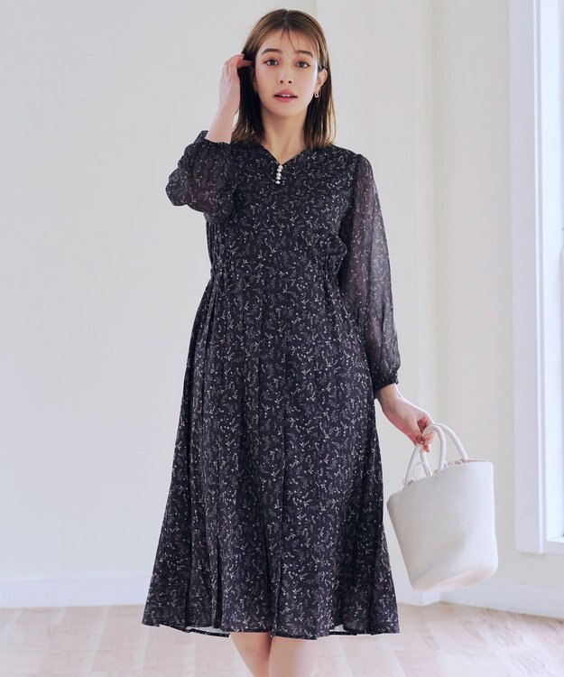 Tiaclasse 【洗える】花柄シフォン袖ワンピース チャコールグレー