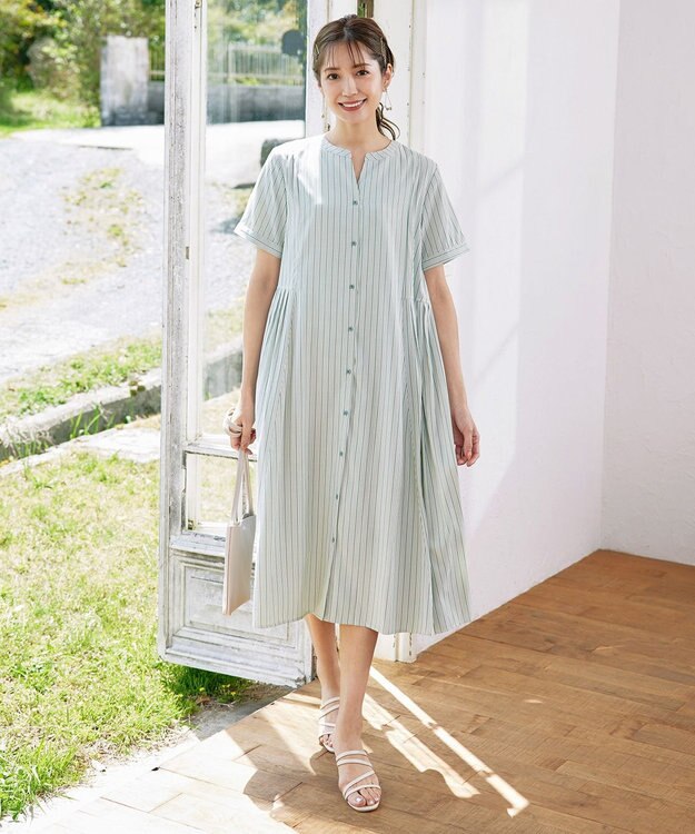 Tiaclasse 【洗える】サイドタックスキッパーシャツワンピース グリーン