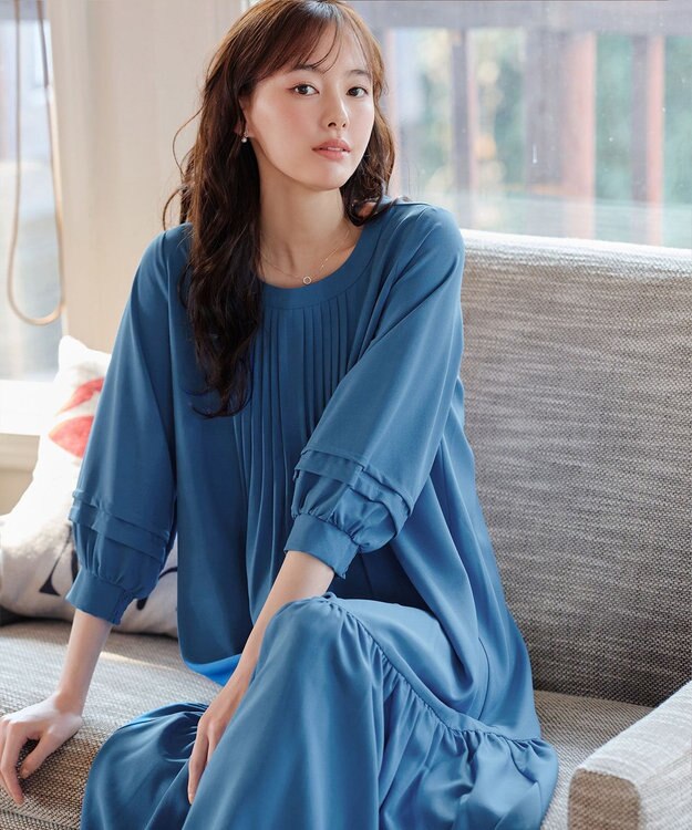 Tiaclasse L 【洗える】パフ袖ピンタックロングワンピース ブルー