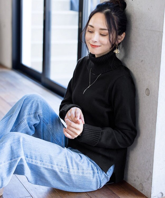 Tiaclasse 【洗える】もっちり柔らかいリブタートルプルオーバーニット ブラック