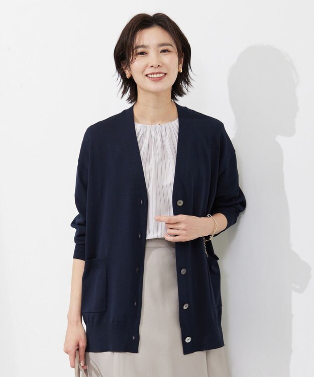 J.PRESS LADIES 【洗える】 Co/Peライト Vネック ロング カーディガン ネイビー系