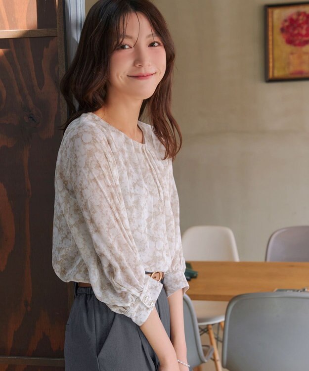 Tiaclasse L 水彩花柄シフォンブラウス ベージュ