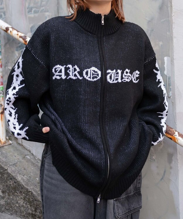 WEGO クロスダメージニットBIGブルゾン ブラック