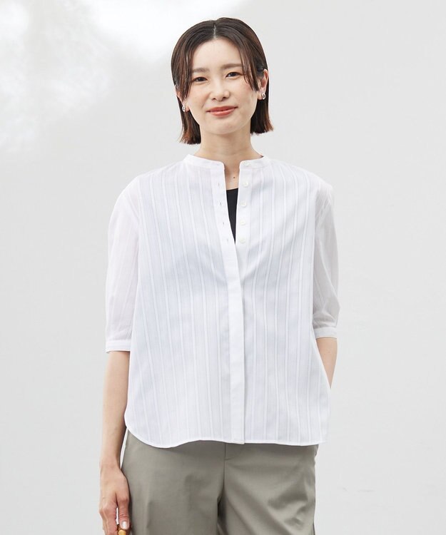 J.PRESS LADIES S 【洗える】セルロースカラミストライプ バンドカラー ブラウス ホワイト系
