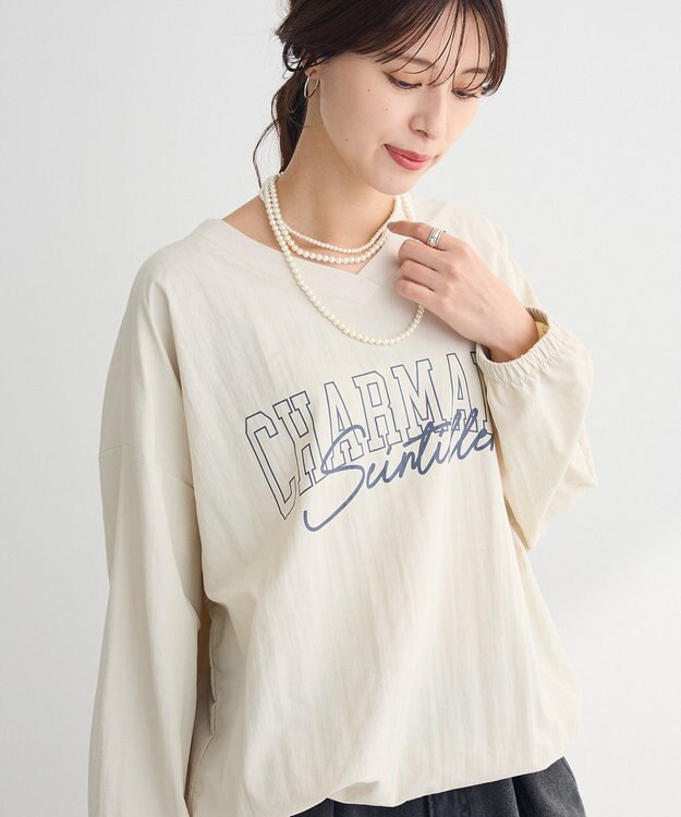 Green Parks ナイロンロゴＶネックプルオーバー Ecru