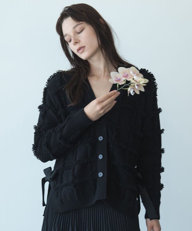 自由区 【カトリエムブーケ】Check frange フリンジカーディガン ブラック
