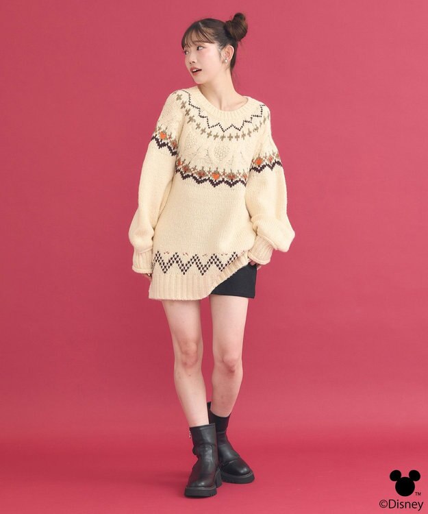 earth music&ecology Disney/ミッキー刺繍ノルディックニットチュニック アイボリー
