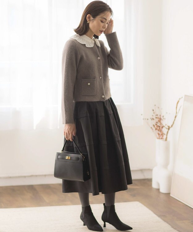 組曲 フリルタフタ フレアスカート ブラック系